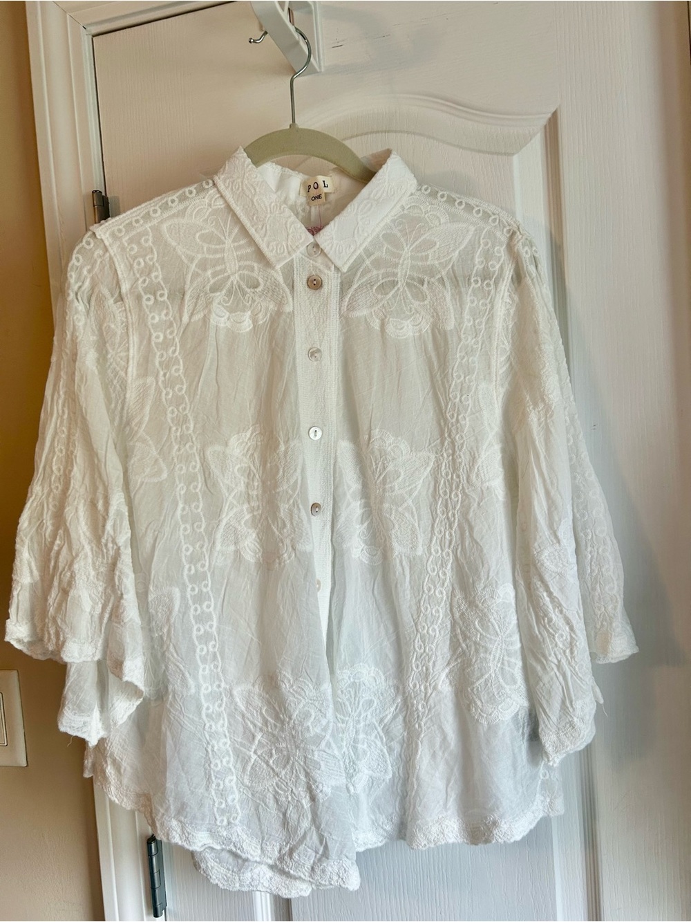 Bohemian White Embroidered Button-Up Blouse with 3/4 sleeve